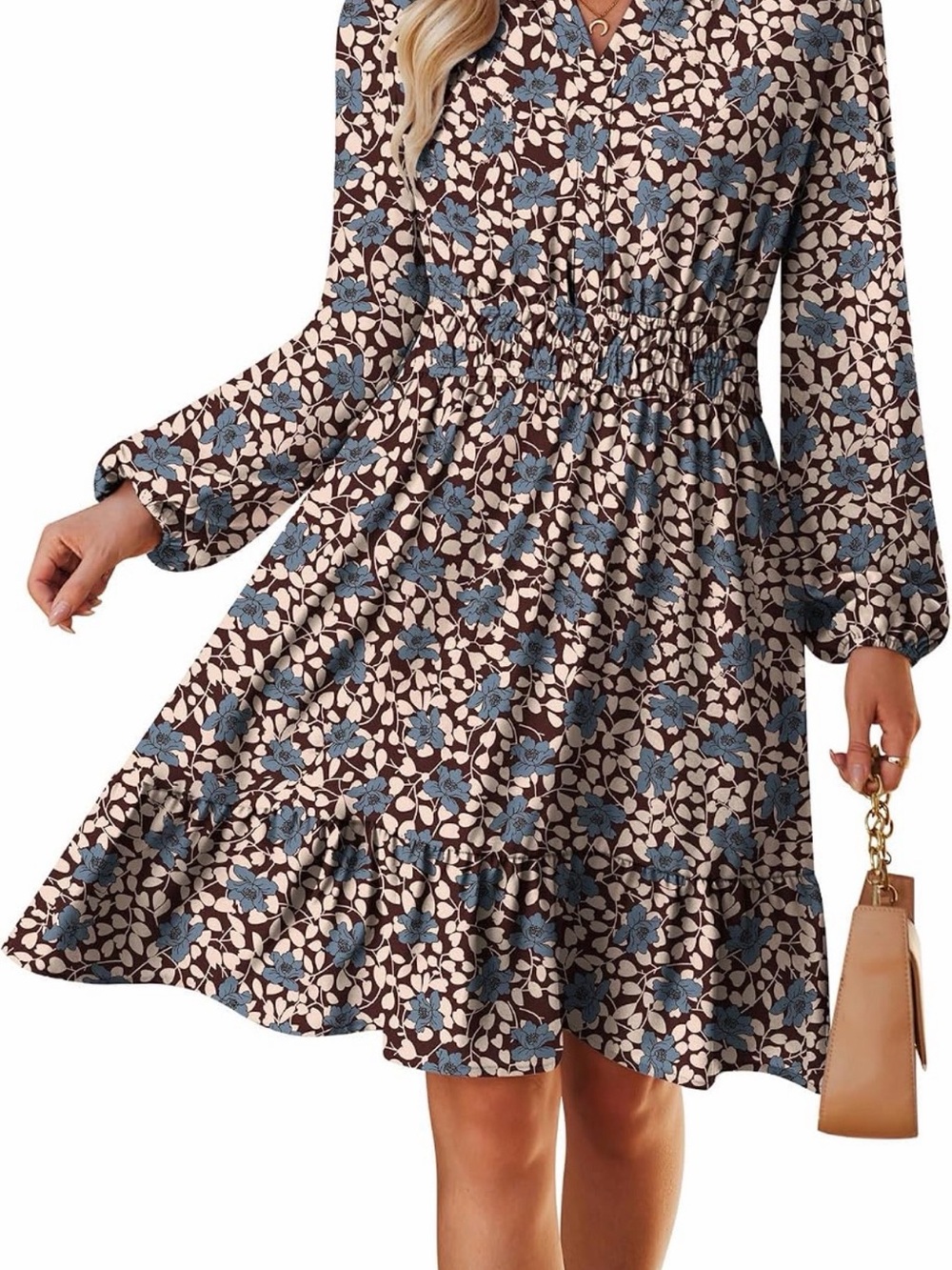 Grace Karin Floral Long Sleeve Ruffled Hem Dress - Blue & Brown